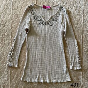 Y2K Pink Zebra Bohemian Embellished Studded Waffle Knit Top Beige‎ Sz S